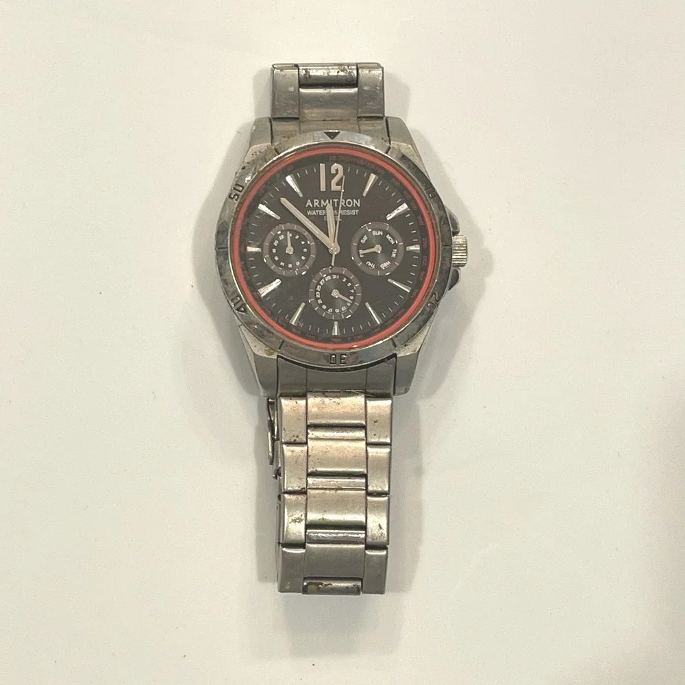 Armitron Mens Watch Silver Stainless Steel‎ Black Dial Red Accent 20/5148SV VX7J
